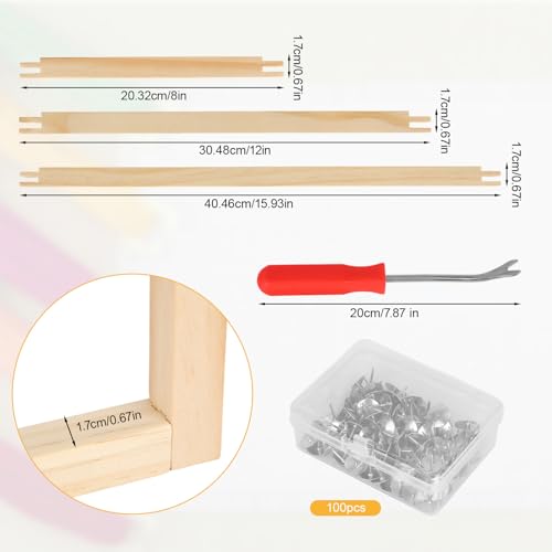 12pcs Needlepoint Stretcher Bars, 3 Sizes Wooden Needlework Canvas Stretcher Bars with Tacks Remover & Thumb Tacks Embroidery Stitch Frame Set for Canvas Stretching Craft Supplies