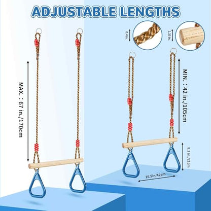 LadyRosian Wooden Trapeze Swing Bar, Adjustable Height Swing Set, Gym Rings, Playground Attachments, 16.5" Monkey Bar for Backyard, Playground, Playroom (Blue) - color: Blue