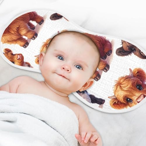 Little Highland Cows Muslin Burp Cloths 2 Pack - Extra Large 22"x11", 4-Layer Soft Absorbent Cotton, Waterproof Backing, Baby Drool Rags for Newborn