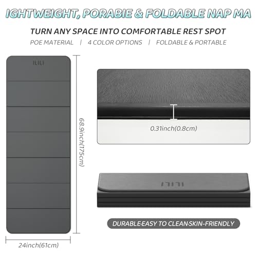 ILILI Foldable Yoga Mat 71 * 24 * 0.3'' - TPE Non-Slip Fitness Mat for Home，Waterproof & Lightweight (2lb) for Home Gym, Pilates & Stretching,Fitness Workouts - color: Grey