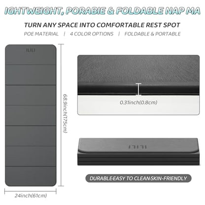 ILILI Foldable Yoga Mat 71 * 24 * 0.3'' - TPE Non-Slip Fitness Mat for Home，Waterproof & Lightweight (2lb) for Home Gym, Pilates & Stretching,Fitness Workouts - color: Grey