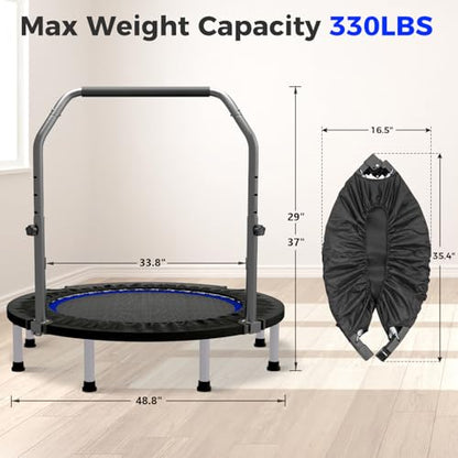 40"/48" Rebounder Trampoline for Adults Mini Trampoline for Adults and Kids Exercise Rebounder with Bar Fitness Trampoline Indoor Height Adjustable Max Load 330/440lbs - color: Blue-48in