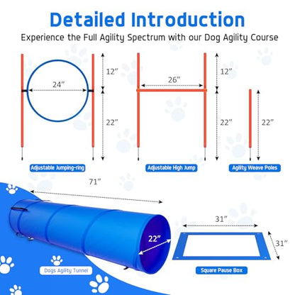 Dog Agility Equipment, Dog Obstacle Courses Backyard - Pet Outdoor Games w/Adjustable High Jump, Agility Weave Poles, Tunnel, Jumping Ring, Pause Box, 2 Balls,Whistle and Carrying Bag - size: 5 PCS Basic with tunnel