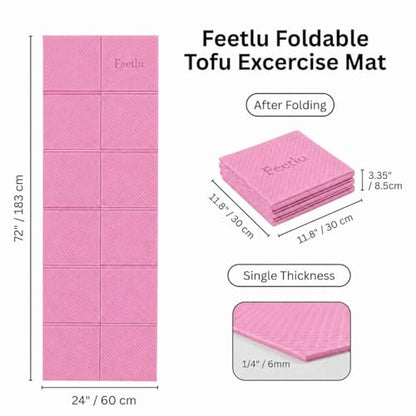 Foldable Yoga Mat, 72" x 24", 6mm Thick, Lightweight & Non-Slip - color: Pink