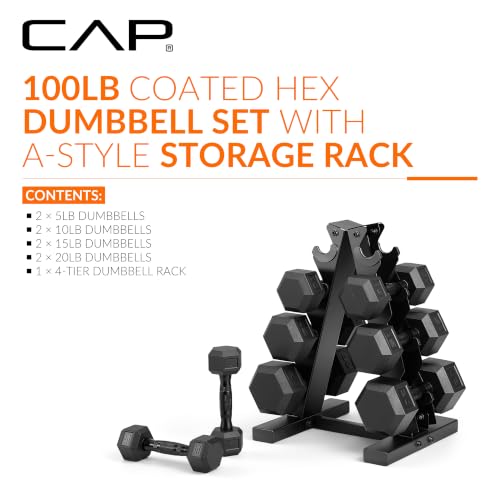 CAP Rubber Coated Hex Dumbbell Set with Storage Rack | 100–210 lb Options, Space-Saving Vertical Compact Storage for Home Gym Strength Training - size: 100 lb - Set, style: Chrome Handles