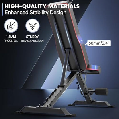 PASYOU Adjustable Weight Bench, 660LB Capacity Foldable Workout Bench, Incline Flat Bench Press for Home Gym, Dual-Frame Strength Training Bench, No Assembly Required, Wider Seat - color: Grey