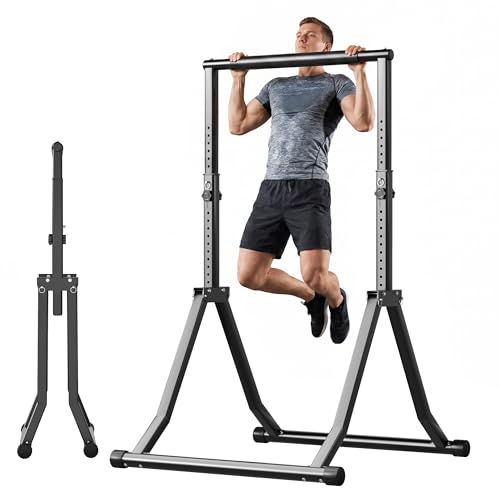 Foldable Power Tower Dip Station for Pull Ups, 66.1"-84.6" 12 Level 700 LBS, Adjustable Dip Handles & Assistance Bands Foldable Home Gym Equipment - color: 66"-85"