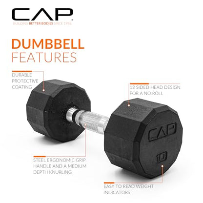 CAP Rubber Coated Dumbbell Weights, Free Weights for Home Gym Strength Training, Anti-Roll Hex Dumbbells with Black, Chrome & Comfort Grip Handles, Pairs & Sets - size: 10 lb - Pair, style: 12-Sided - Chrome Handle
