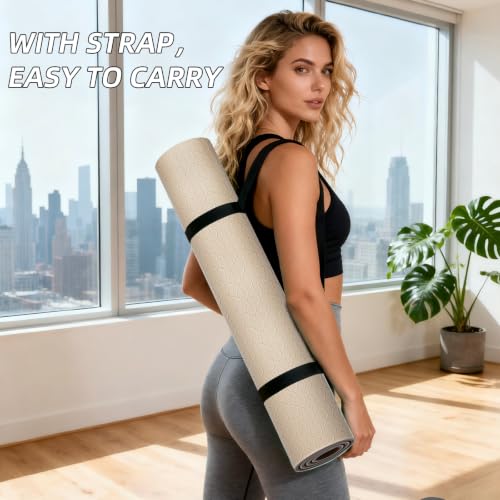 ILILI 10mm Extra Thick, TPE Yoga Mat, 76×28 Inch Extra Long, Carrying Strap - color: Beige+Brown