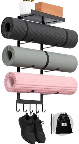 Yoga Mat Holder Wall Mount with Mesh Bag, 4-Tier Metal Storage Rack with Floating Shelf & 5 Hooks, Large Home Gym Organizer for Foam Rollers, Resistance Bands & Yoga Accessories