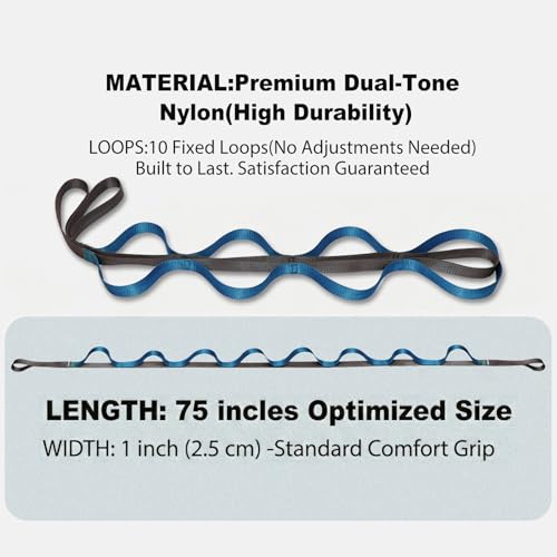 Stretching Strap with Loops,Non-Elastic Yoga Strap for Physical Therapy,Knee Replacement Recovery & Plantar Fasciitis,Leg Stretcher Band for Flexibility & Hamstring Rehab - color: Blue