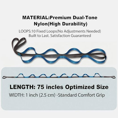 Stretching Strap with Loops,Non-Elastic Yoga Strap for Physical Therapy,Knee Replacement Recovery & Plantar Fasciitis,Leg Stretcher Band for Flexibility & Hamstring Rehab - color: Blue