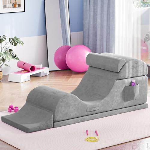 Convertible Yoga Chair for Adults, Ergonomic Foam Lounge with Lumbar Pillow, Washable Cover, Side Pocket, No Assembly Needed – Great for Exercise, Stretching & Relaxation Gray - color: Grey