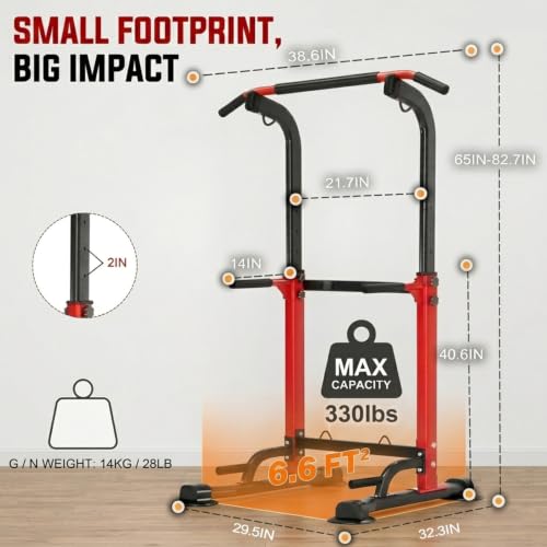 Power Tower Pull Up Bar,Pull-Up Rack Dip Station,Height Adjustable Multi-functional Home Strength Training Gym Equipment, Save Space,People Below 6 feet - color: Red