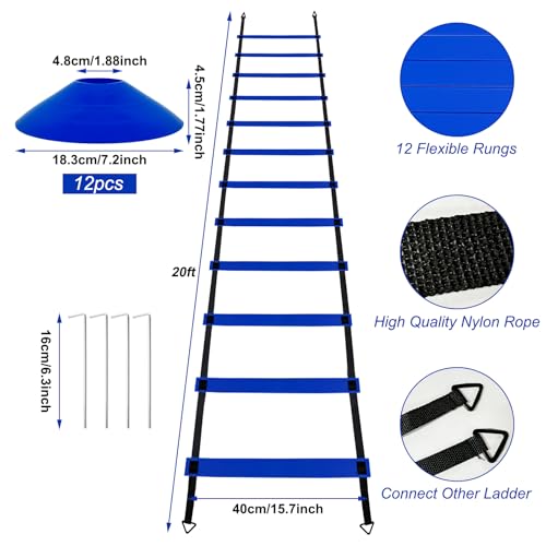 Professional Agility Ladder Speed Training Equipment Set-20ft Agility Ladder,12 Soccer Cones, 4 Agility Hurdles, Running Parachute, Suitable for Soccer Football Basketball Training