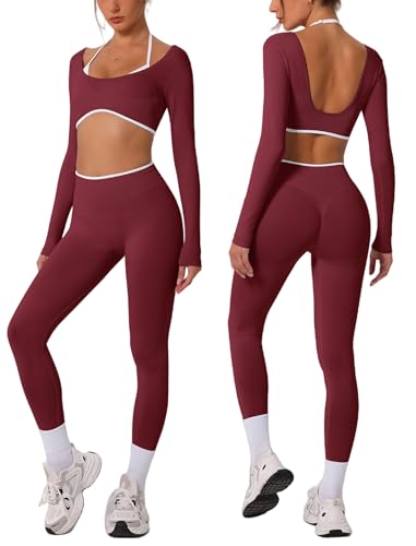 ABOCIW Workout Sets for Women Long Sleeve Crop Top Scrunch Butt Lifting High Waist Leggings 2 Piece Gym Yoga Outfits - color: Burgendy Red, size: Small
