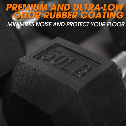Mikolo Dumbbell Sets with Rack, Rubber Hex Dumbbells, Multiple Choices in 160/200/380/450/550LB, Hand Weights with Chrome Handle for Strength Training - style: 50LB PAIR