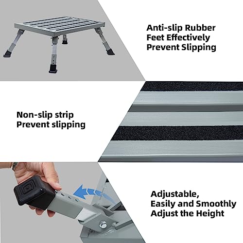 Large RV Step Stool, Adjustable Height Aluminum Folding Step Ladder with Non-Slip Rubber Feet, 1500 lbs Capacity, Safety Platform for RV, Trailer, Truck, Outdoor Use, 19" x 14.3"
