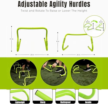 Complete Agility Ladder Training Set - 20ft Speed Ladder, 6 Adjustable Hurdles, 20 Cones, 5 Resistance Bands, 2 Speed Training Parachutes, Jump Rope, Nylon Carry Bag & Stakes
