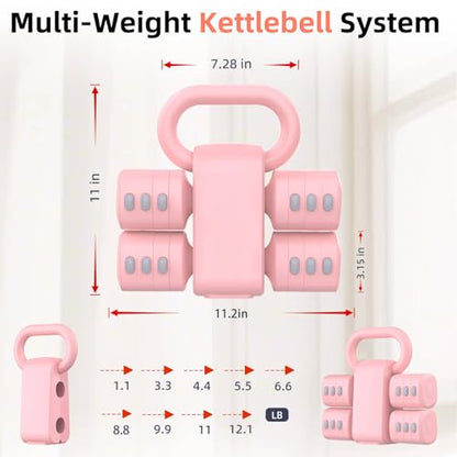 2-in-1 Adjustable Dumbbell Set, Upgraded 4 Levels Hand Weights for Women Men, Each 2.2/3.3/4.4/5.5lb, Convertible Weights Dumbbells and Kettlebell Set for Home Gym Exercise & Fitness - color: Pink