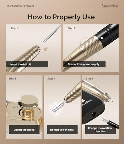 MelodySusie Entry-Level Clip-On Vintage-Style Nail Drill, SC320C 30000RPM Rechargeable E-File for All Manicure Shaping & Gel Removal, Perfect for Training, Nail Art Practice & Home Use