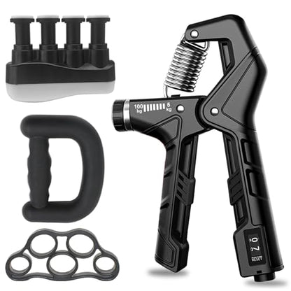 Hand Grip Strengthener - Adjustable Resistance 11-220Lbs Forearm Strength Trainer with Counting, Silicone Grip Ring & Hand Exercise for Quickly Increasing Wrist Forearm and Finger Strength Combo Set - color: Black Combo Set