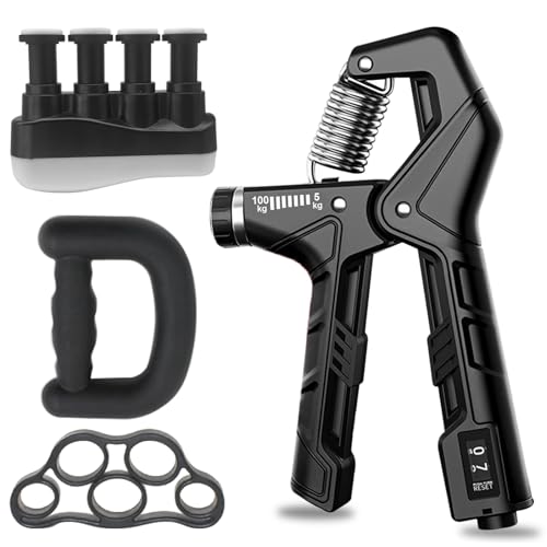Hand Grip Strengthener - Adjustable Resistance 11-220Lbs Forearm Strength Trainer with Counting, Silicone Grip Ring & Hand Exercise for Quickly Increasing Wrist Forearm and Finger Strength Combo Set - color: Black Combo Set
