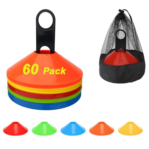 60/120 Pack Soccer Training Cones, Football Sport Cones Training Field Marker Agility Cones with Carry Bag and Holder for Drills, Basketball, Coaching, Practice Equipment, 5 Color - color: 60 Pack