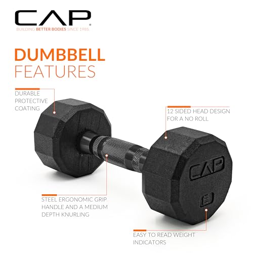CAP Rubber Coated Dumbbell Weights, Free Weights for Home Gym Strength Training, Anti-Roll Hex Dumbbells with Black, Chrome & Comfort Grip Handles, Pairs & Sets - size: 8 lb - Pair, style: 12-Sided - Black Handle