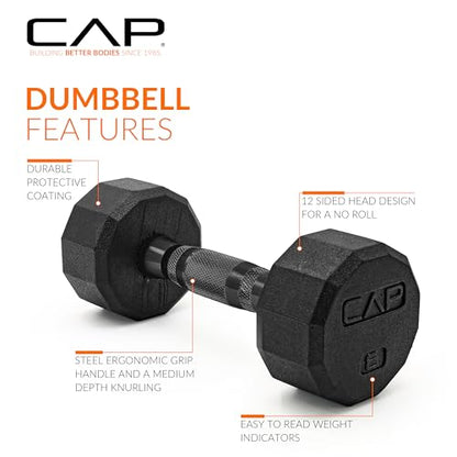CAP Rubber Coated Dumbbell Weights, Free Weights for Home Gym Strength Training, Anti-Roll Hex Dumbbells with Black, Chrome & Comfort Grip Handles, Pairs & Sets - size: 8 lb - Pair, style: 12-Sided - Black Handle