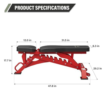 MAJOR FITNESS Weight Bench - 1300LBS Weight Capacity and 36 Adjustable Positions Strength Training Bench for Garage and Home Gym Workouts - color: Red
