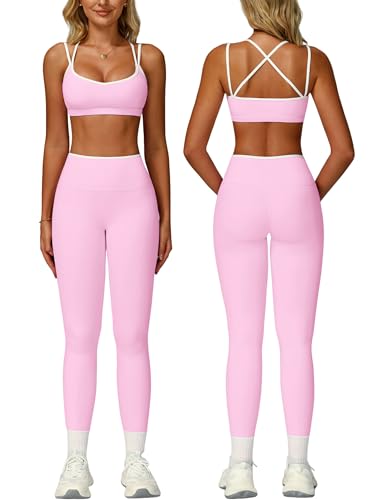 Women 2 Piece Workout Sets Cross Back ColorBlock Sports Bra High Waist Tummy Control Active Leggings Yoga Outfit - color: Pink, size: Small