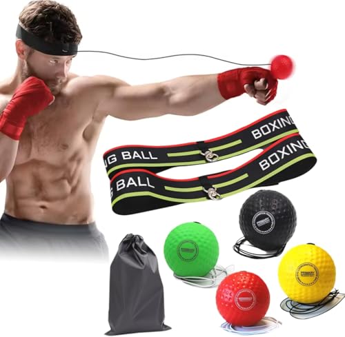 4 PU Boxing Reflex Ball with 2 Adjustable Boxing Ball Headband, 1 Storage Pouch, 1 Threading Needle, Portable Punching Balls for Adults to Improve Hand-Eye Coordination