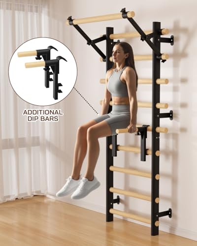 Swedish Ladder Wall Gym, Wooden Wall-Mounted Stall Bars with Pull-up Bar & Exercise Straps & Dip Bars, Stretching Ladder Full Body Home Gym Adults New