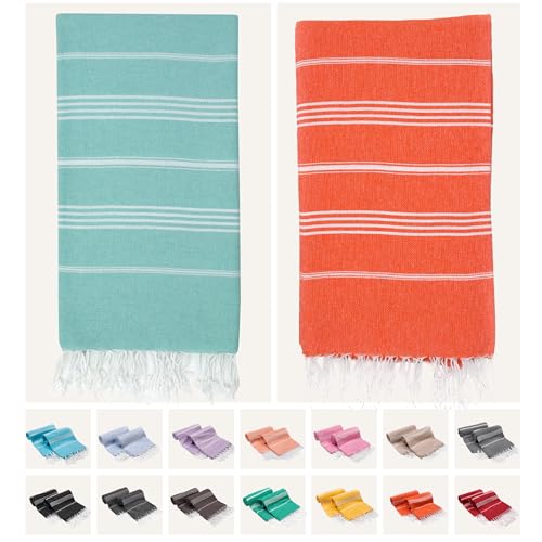 PARK&OZ 2 Pack The Turkish Beach Towel 40x72 Inches, Oversized 100% Cotton Sand Free Lightweight Absorbent Quick-Dry (Aqua/Orange) - color: Aqua/Orange