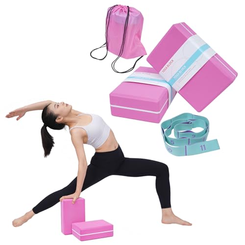 2 Pack Yoga Blocks 350g High Density, Non-Slip EVA Foam Brick with Bonus 11 loops Yoga Strap & Carry Bag, Pilates Block Set for Balance, Flexibility, Meditation, Home Gym & Studio - color: Pink Brick & Blue Band
