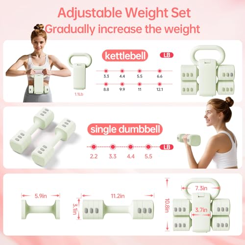 Adjustable Kettlebell Set, 4-in-1 Free Weight Kettlebell sets (5.5lbs 7.7lbs 9.9lbs 12.1lbs) for women, Hand Weight Dumbbell Set of 2 for Home Gym Fitness Training - color: Green