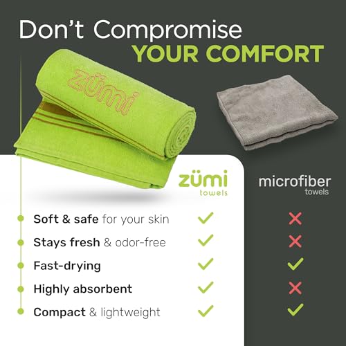 Zumi MINI 100% Cotton Camping Travel Towel - Small, Ultralight, Fast Drying, Highly Absorbent, Soft and Gentle on the Skin, Safe for the Planet (28" x 13" Green) - color: Green Mini