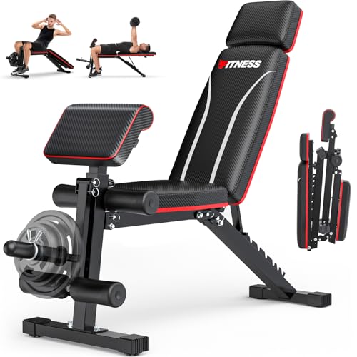 Fostoy Foldable Workout Bench Press, Adjustable Weight Bench for Home Gym, 800LB Multi Functional Gym Bench w/Leg Extension &Preacher Pad, Extra Headrest, Fast Folding Strength Training Incline Sit up Bench