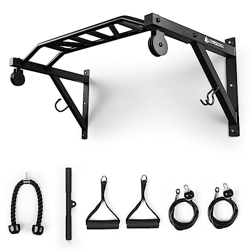 Multifunctional Wall Mounted Pull Up Bar with Pulley System, 48" and 16"/24" Multi-Grip Chin Up Bar, Cable Pulley Attachments Included, Perfect for Upper Body Workouts