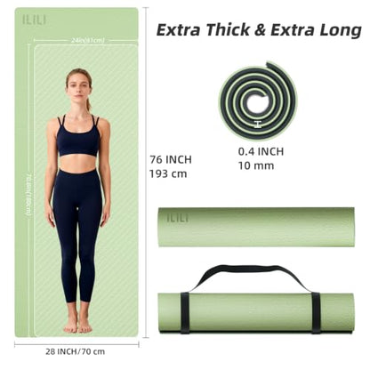 ILILI 10mm Extra Thick, TPE Yoga Mat, 76×28 Inch Extra Long, Carrying Strap - color: Matcha Green+Black