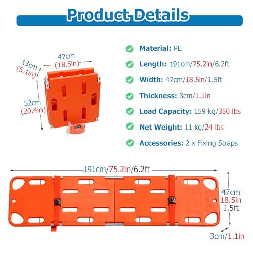 Foldable Spine Board Stretcher 75'' x 18.5'' - Portable Water-Resistant Emerncy Backboard for Pacs, Lifeguards, Pool & First Aid Training