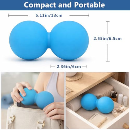 Peanut Double Massage Ball for Deep Tissue Therapy, Silicone Dual Lacrosse Mobility Ball for Myofascial Release, Trigger Point and Acupoint Massage with Carry Bag（Blue） ﻿