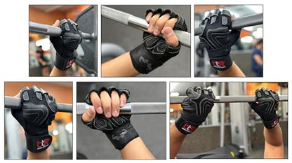 Premium Cowhide Leather Weight Lifting Gloves - Fingerless, Padded, Long Wrist Support, Gym Workout, Powerlifting, Bodybuilding, Fitness, Unisex Design for Men & Women