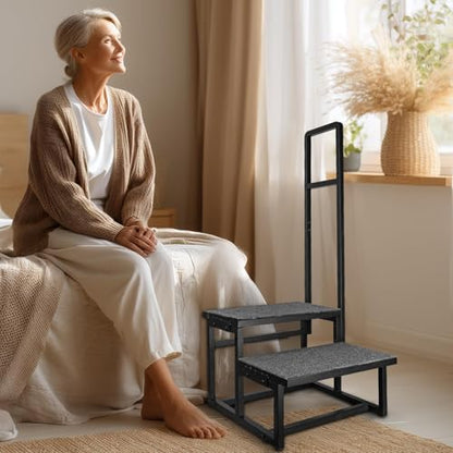 2-Step Stool with Handle for Elderly, Heavy Duty Non-Slip Step Stool for High Beds/Bathtub/Kitchen, Wide Anti-Slip Platform, Supports 450 lbs