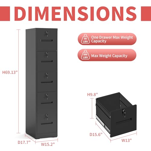Metal File Cabinet with Drawer Heavy Duty Locking File Cabinets - color: Black, size: 68.3"H-5 drawers 5 locks