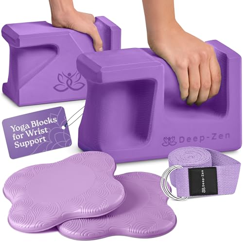 PRO Yoga Blocks | Ergonomic Yoga Block 2 Pack for Wrist Comfort and Support | EVA Foam Exercise Blocks, 2x Knee Pads & Yoga Strap | Pilates Block Set | Bricks to Eliminate Wrist Pain - color: Purple