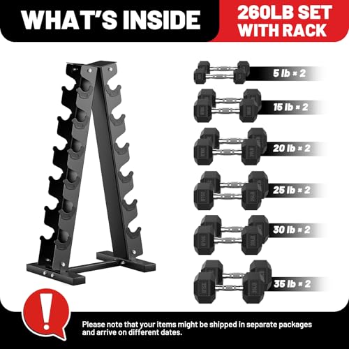 PAPABABE Hex Dumbbell Set with Rack, 85-560lb Rubber Encased Dumbbell Free Weights Dumbbells Set with Storage Rack, Hand Weights Set for Strength Training - style: 260lb (5, 15, 20, 25, 30, 35lb)x2& Rack