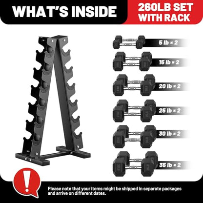 PAPABABE Hex Dumbbell Set with Rack, 85-560lb Rubber Encased Dumbbell Free Weights Dumbbells Set with Storage Rack, Hand Weights Set for Strength Training - style: 260lb (5, 15, 20, 25, 30, 35lb)x2& Rack