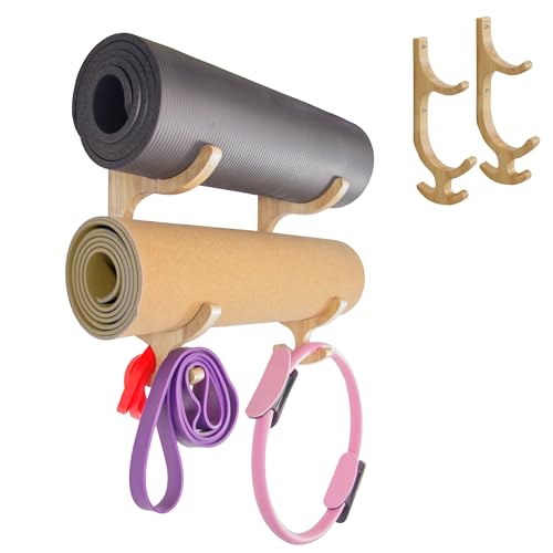 Wooden Yoga Mat Holder Wall Mount - Yoga Mat Storage Rack - Home Gym Equipment Storage & Organizer - Resistance Band Wall Mount - Home Gym Accessories Wall Rack - Workout Storage Organizer